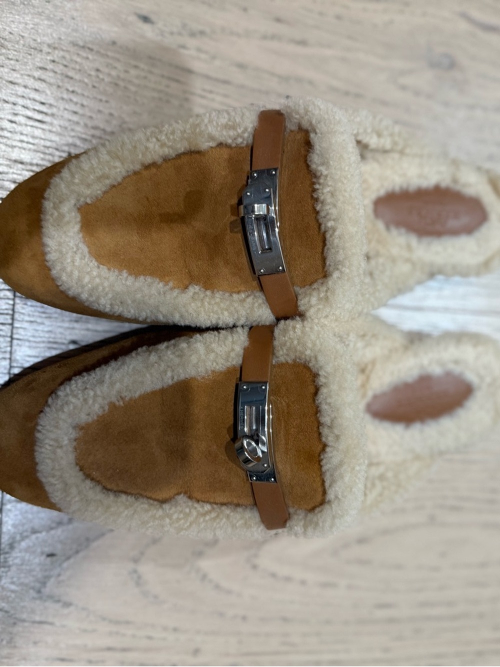 Hermes Tan Suede Shearling-Trim Oz Mule with Silver Hardware